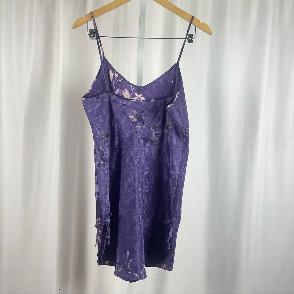 California Dynasty Vintage Large Floral Satin Bow Side Slit Chemise Slip Dress